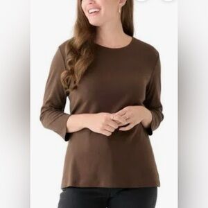 Kim Rogers 3/4 Crew Neck Perfectly Soft 100% Cotton Brown Tee, Size 3X